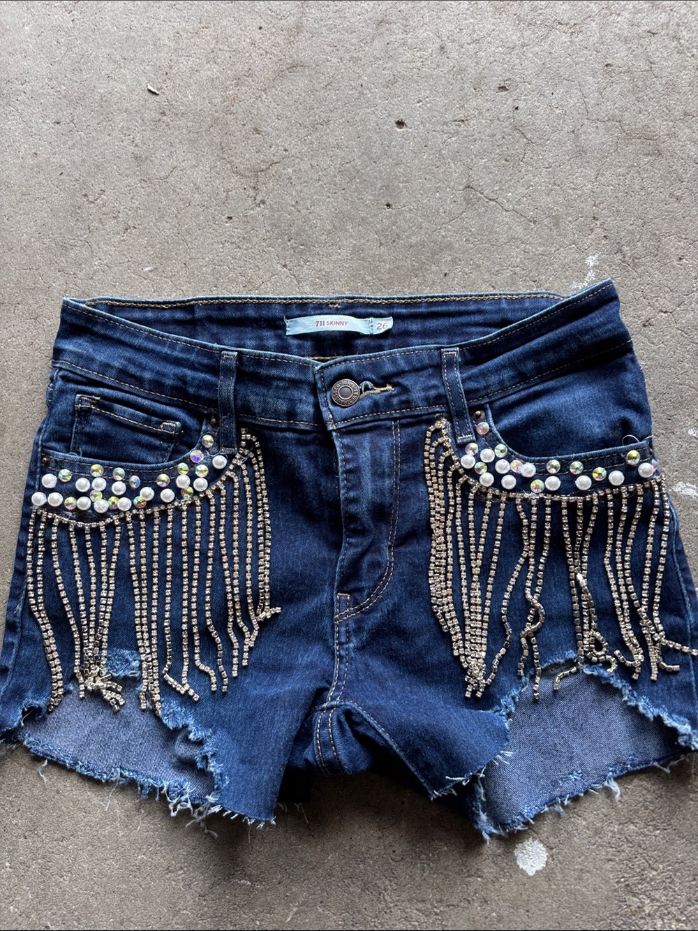 Embellished Dark Blue Denim Jean Shorts with Fringe